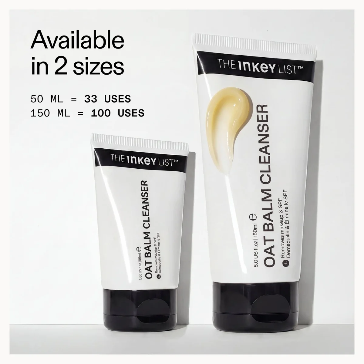 Two tubes of The Inkey List Oat Balm Cleanser with size information on a white background.