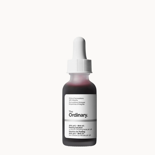A bottle of Ordinary Serum with a white dropper cap and a white label, containing a very dark red liquid, centered on a light gray background.
