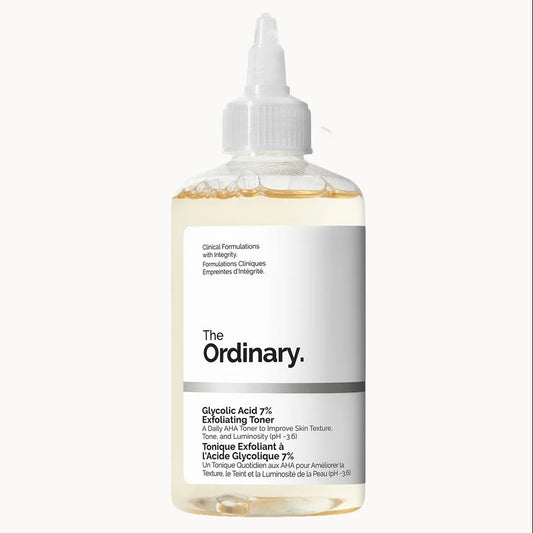 Bottle of 'The Ordinary' exfoliating toner on a white background