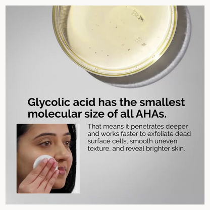 Advertisement for glycolic acid with text and a close-up of skin being treated.