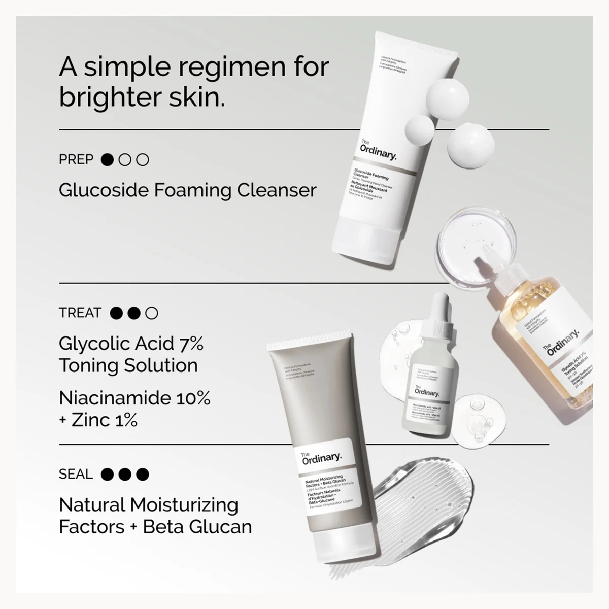 Skincare product display with text on a light gray background