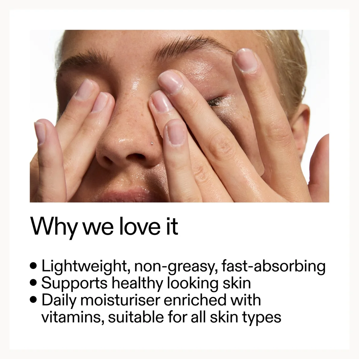 Person applying a product to their face with text highlighting its benefits.