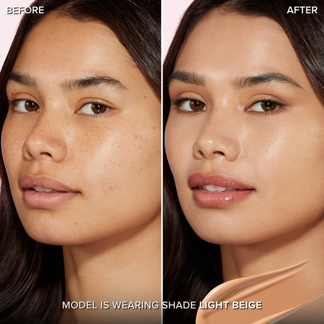 Before-and-after split comparison of a model's face showing the effect of a light beige makeup product, with a swatch of the product applied at the bottom right.