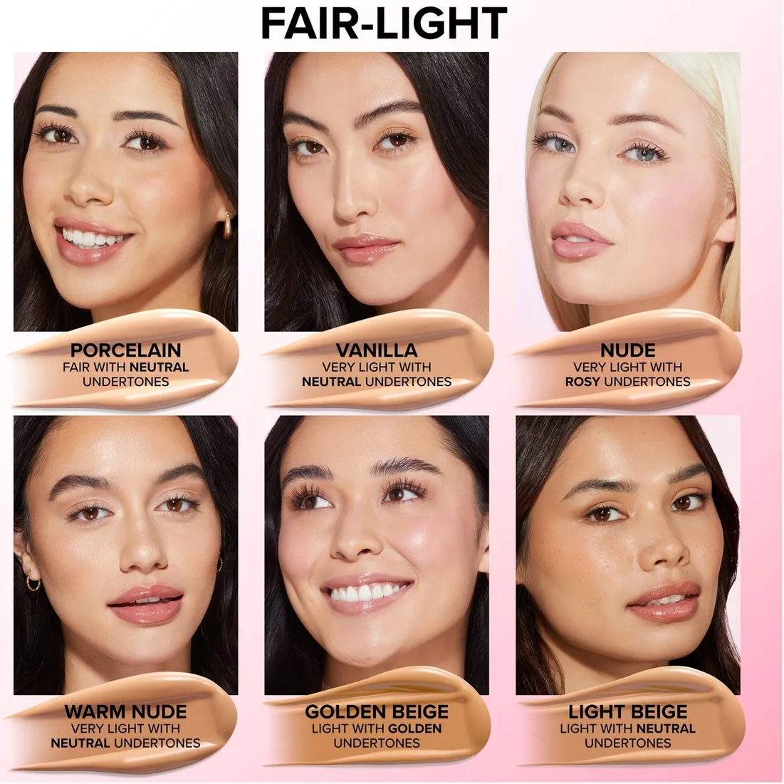 A shade guide graphic titled 'FAIR-LIGHT' showing six female model portraits with different neutral and rosy undertone lip color options labeled as Porcelain, Vanilla, Nude, Warm Nude, Golden Beige, and Light Beige on a pink background.