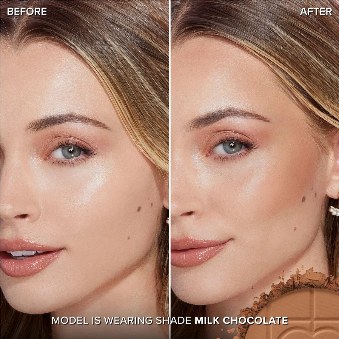 Before-and-after makeup swatch comparison on a model's face, showing a skin tone change from natural to applied. Text at the bottom reads 'MODEL IS WEARING SHADE MILK CHOCOLATE' with a chocolate bar graphic.