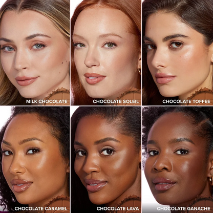 Six square shade swatches arranged in a 2x3 grid on a white background, each showing a model's face with a different makeup finish labeled: Milk Chocolate, Chocolate Soleil, Chocolate Toffee, Chocolate Caramel, Chocolate Lava, and Chocolate Ganache.