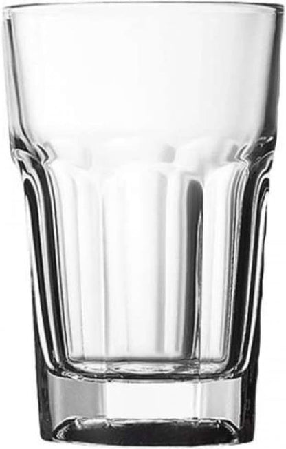 Clear glass tumbler on a white background