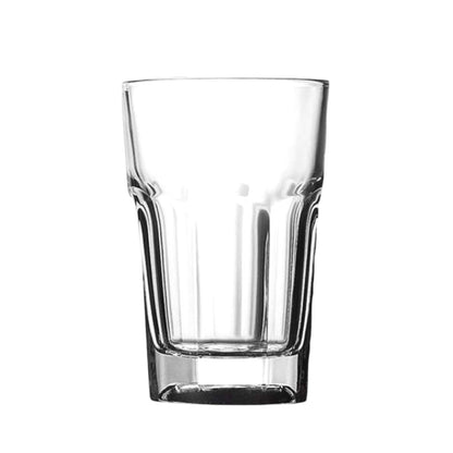 Clear glass tumbler on a white background