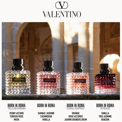 A promotional graphic for Valentino fragrances showing four textured glass perfume bottles lined up against a blurred architectural background. The Valentino logo is at the top, and each bottle is labeled with its scent name and notes below, including Peony Accord, Sambac Jasmine, Orange Rose Accords, and Vanilla Edifice.