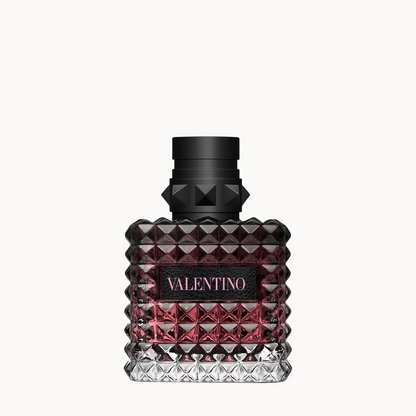VValentino Born in Roma Donna Intense Eau de Parfum for Her 30ml fragrance bottle with a faceted dark red and black textured glass body, black cap, and a black label with the brand name 'VALENTINO' in pink, centered on a light gray background.