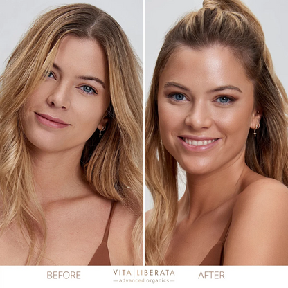 Before and after comparison of a woman's face with Vita Liberata branding.