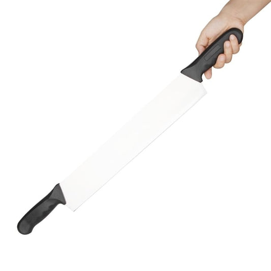 cheese knife with a black handle held by a hand on a white background