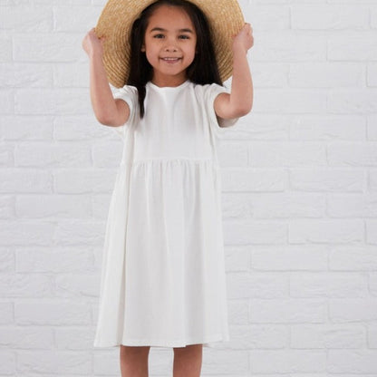 Girls Short Sleeve A-Line Cotton Jersey Dress - White