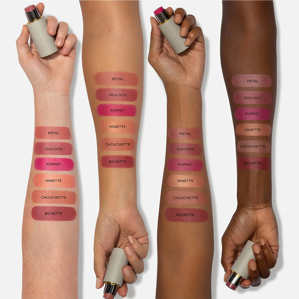 Four arms with lipstick swatches and matching lipstick tubes shown against a light gray background, demonstrating different shade options and finishes.