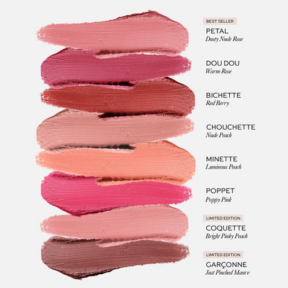 A vertical lineup of eight lipstick color swatches with French shade names and best/limited edition labels on a light gray background. The shades range from dusty nude rose, warm rose, red berry, nude peach, luminous peach, poppy pink, bright pink peach, and just peach mousse.