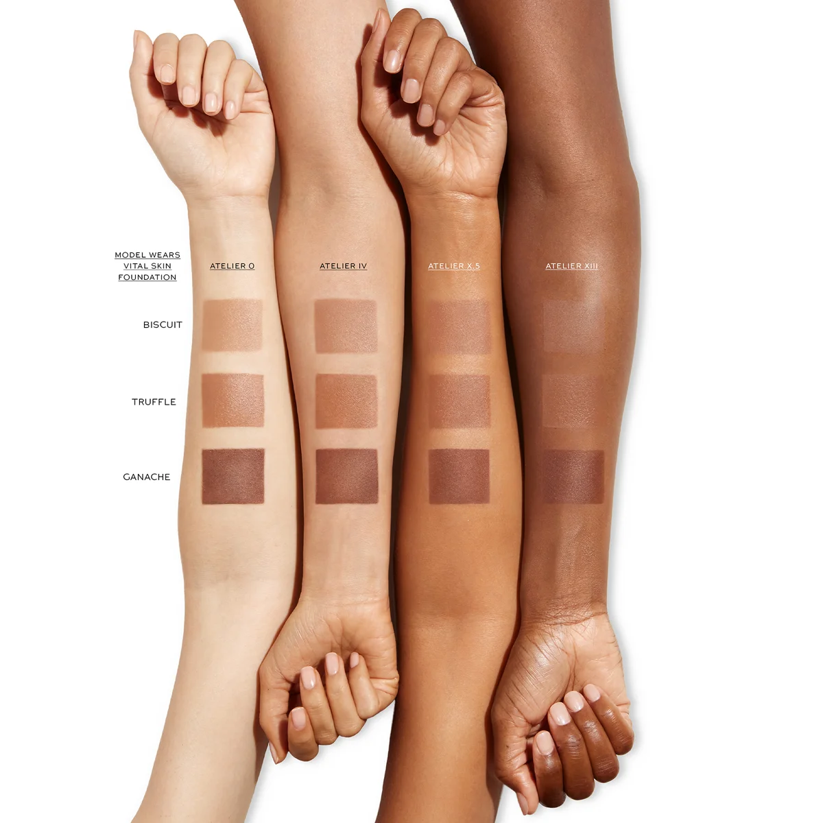 Four arms with swatches of foundation on a white background