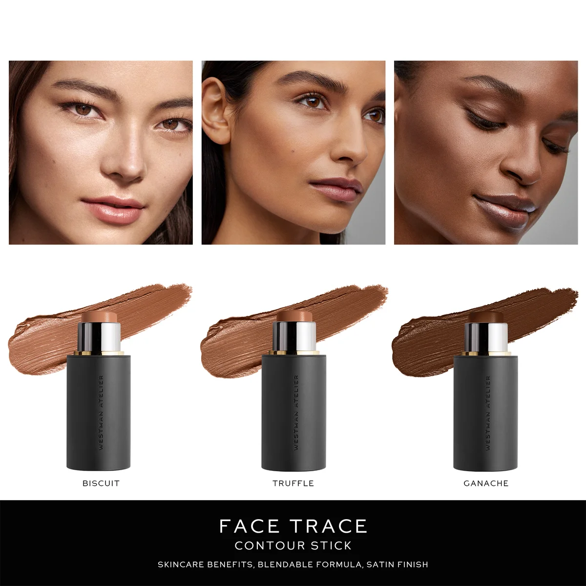 Three swatches of face contour stick on models' faces above three product tubes labeled Biscuit, Truffle, and Ganache, with text at the bottom reading FACE TRACE CONTOUR STICK.