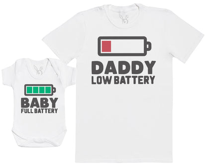 Daddy & Baby Matching Set - T-Shirt & Onesie - Full Battery & Low Battery - White - SIZE M + 0-3 months