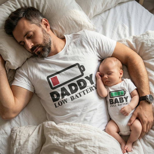 Daddy & Baby Matching Set - T-Shirt & Onesie - Full Battery & Low Battery - White - SIZE M + 0-3 months