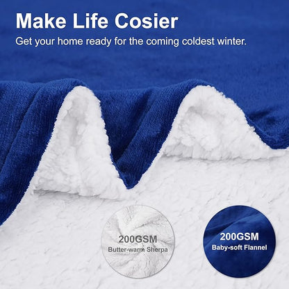 Winthome Queen Sized Blue Sherpa Fleece Throw Blanket (Blue, 228x228cm)