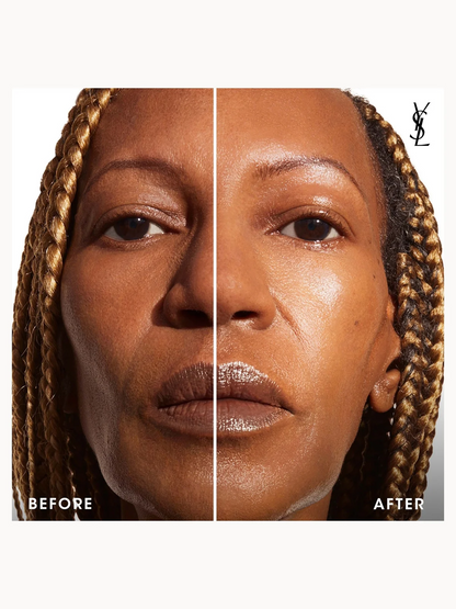 Close-up before-and-after split-face comparison of a woman with braided hair, showing makeup or skin finish results. The left side is labeled BEFORE and appears matte/darker, while the right side is labeled AFTER and appears shinier with a warm bronze finish.