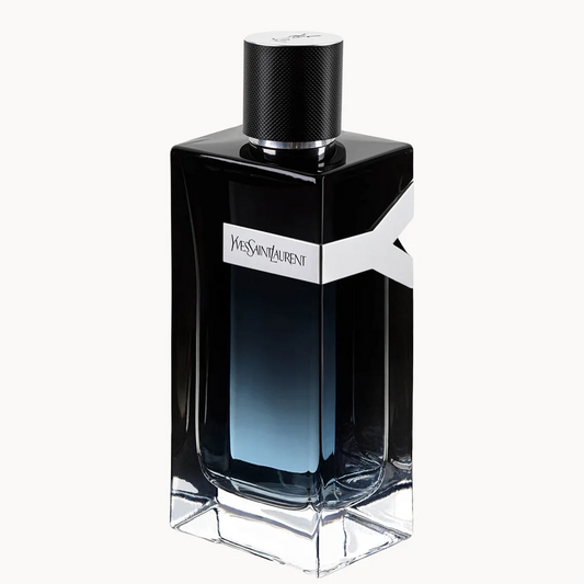 Black perfume bottle with a silver cap on a white background
