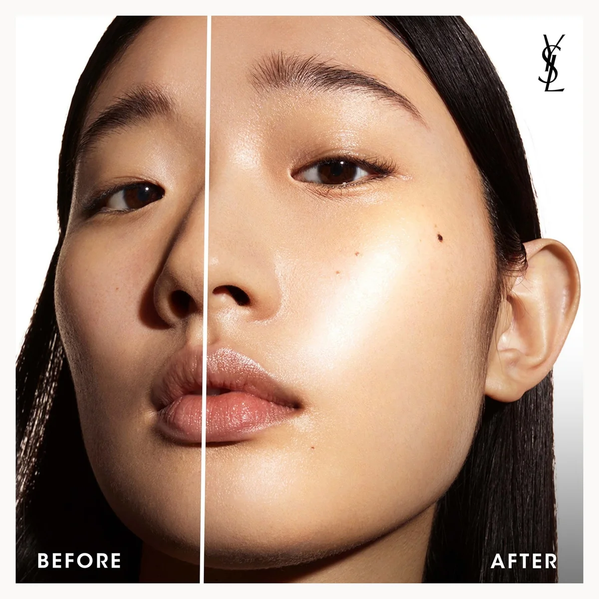 Close-up before-and-after comparison of a woman's face, showing a visibly brighter, smoother complexion on the right side labeled 'AFTER' and a darker, less illuminated side labeled 'BEFORE'. A black YSL monogram appears in the top right on a white background.