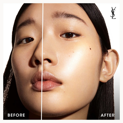 Close-up before-and-after comparison of a woman's face, showing a visibly brighter, smoother complexion on the right side labeled 'AFTER' and a darker, less illuminated side labeled 'BEFORE'. A black YSL monogram appears in the top right on a white background.