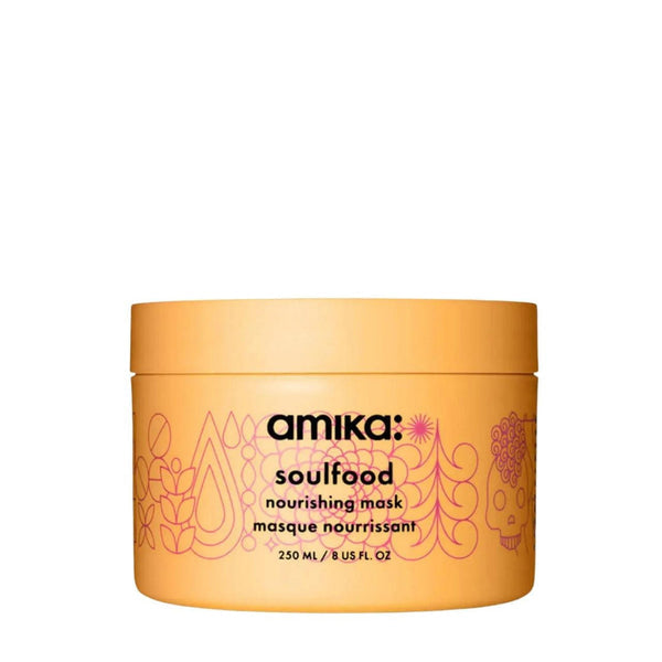 Amika Soulfood Nourishing Mask in a 250 ml yellow-orange plastic jar with a matching lid, featuring black and pink text and line art on a white background.