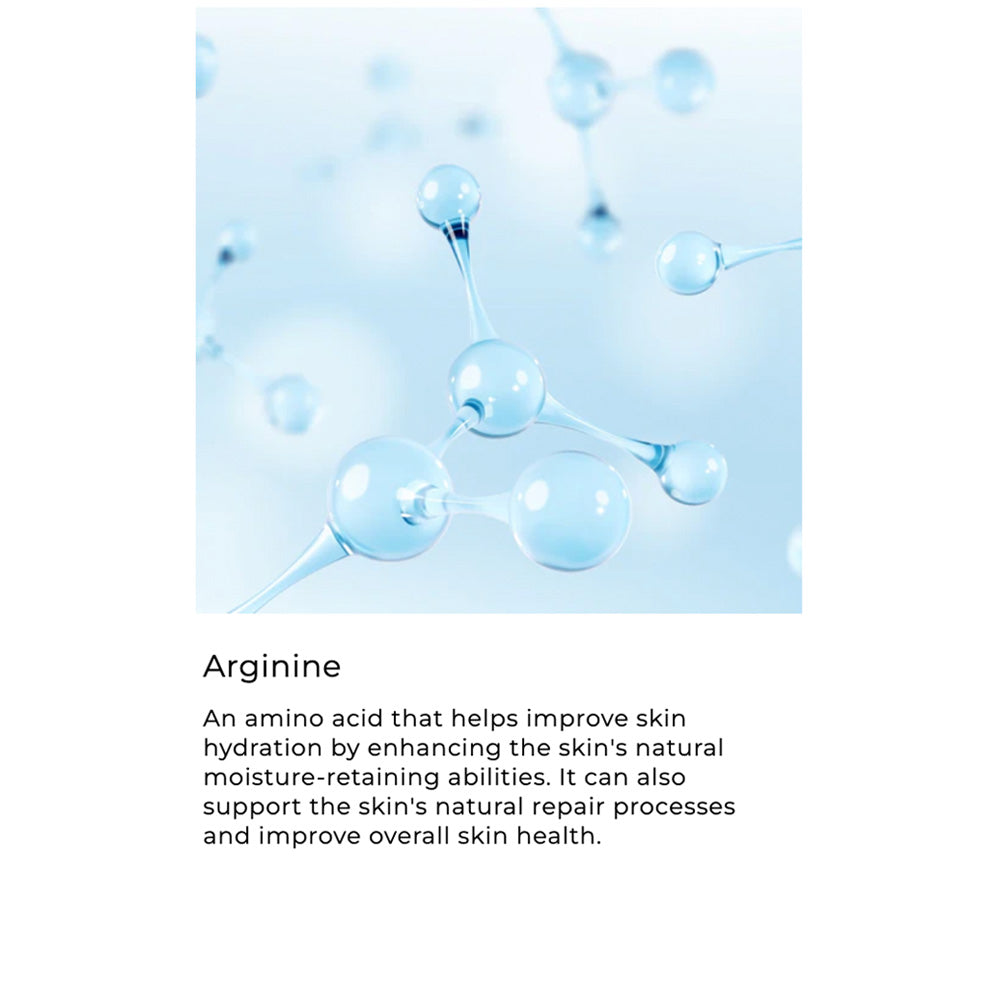 Molecular structure of arginine with text about its benefits on a light blue background