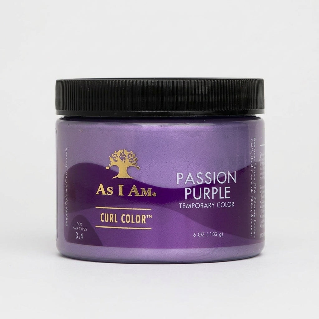A jar of As I Am Curl Color temporary hair color in the shade Passion Purple, featuring a purple label and a black screw-on lid on a light gray background.