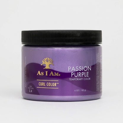 A jar of As I Am Curl Color temporary hair color in the shade Passion Purple, featuring a purple label and a black screw-on lid on a light gray background.