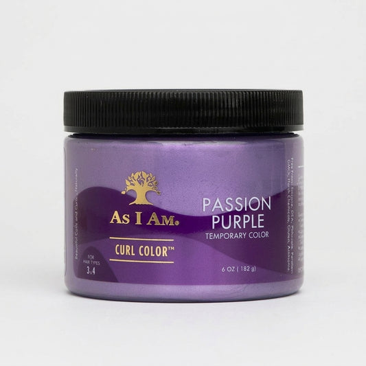 A jar of As I Am Curl Color temporary hair color in the shade Passion Purple, featuring a purple label and a black screw-on lid on a light gray background.