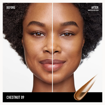 Before-and-after split-screen comparison of a woman's face showing makeup coverage, with the text 'BEFORE', 'AFTER', and 'CHESTNUT 09' on a white background with a black bar at the bottom containing a swatch of the makeup shade.