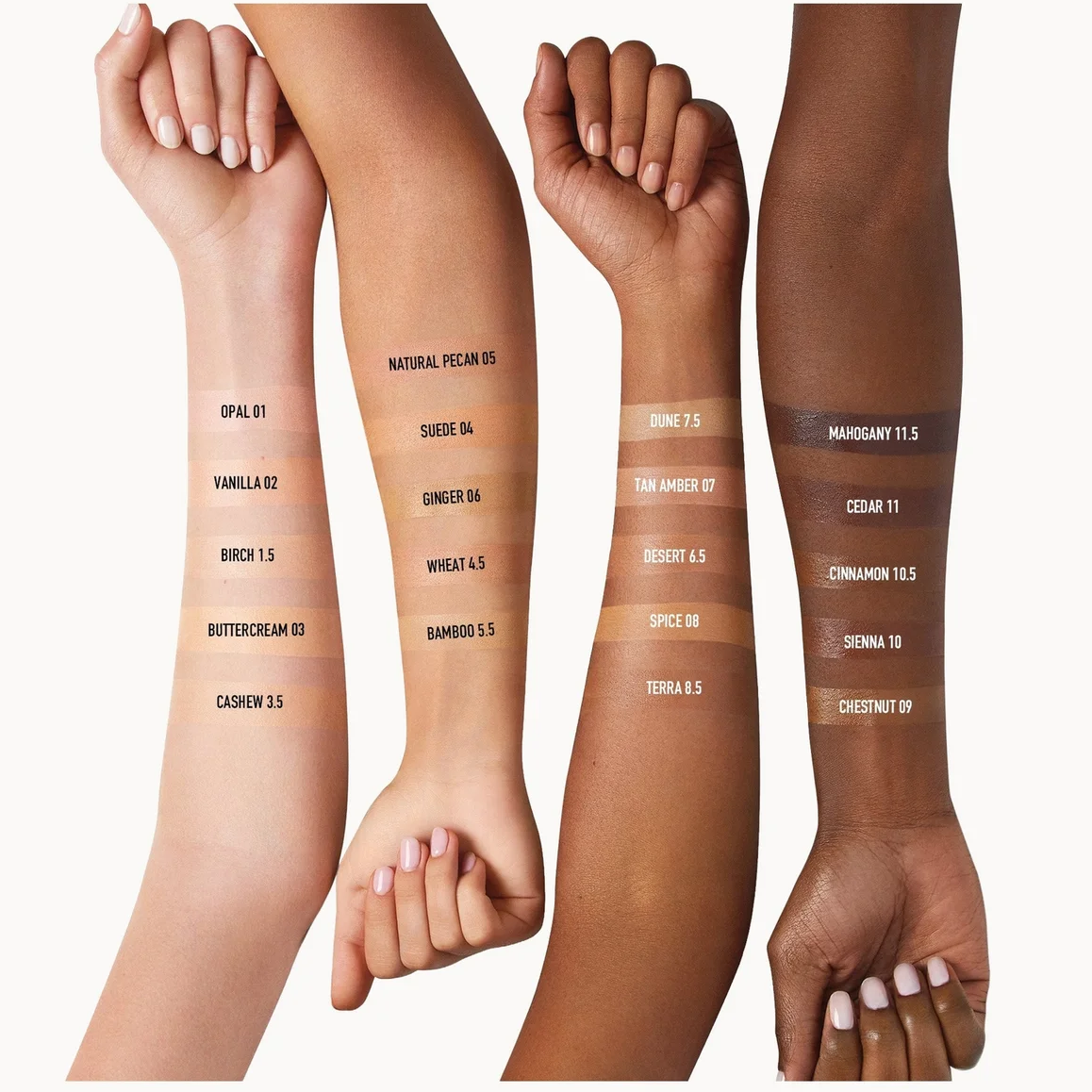 Three arm swatches showing different shades of a makeup product, labeled with shade names including Opal, Vanilla, Birch, Buttercream, Natural Pecan, Sienna, and Marigold on a light gray background.