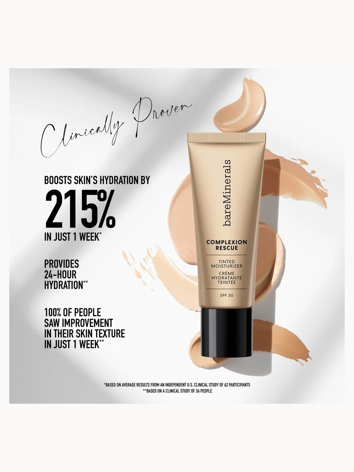 bareMinerals Complexion Rescue Tinted Moisturizer SPF 30 in a beige squeeze tube with a black cap, set against a white background with beige cream swatches and black promotional text.