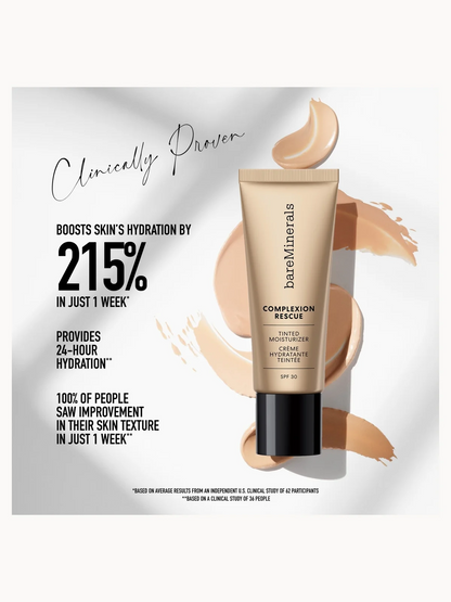 bareMinerals Complexion Rescue Tinted Moisturizer SPF 30 in a beige squeeze tube with a black cap, set against a white background with beige cream swatches and black promotional text.