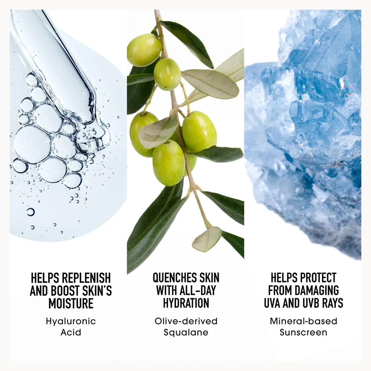 A three-panel skincare infographic on a white background. The left panel shows a water droplet with bubbles and text for Hyaluronic Acid.
