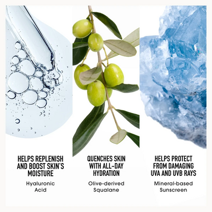 A three-panel skincare infographic on a white background. The left panel shows a water droplet with bubbles and text for Hyaluronic Acid.