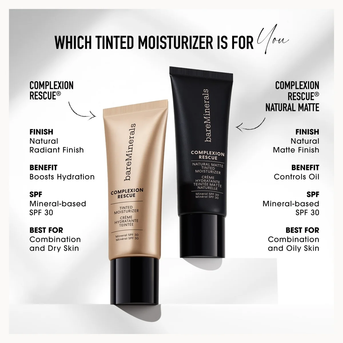Two bareMinerals tinted moisturizers, a beige tube labeled 'Complexion Rescue' and a black tube labeled 'Complexion Rescue Natural Matte', shown on a white background with text explaining which tinted moisturizer is for which skin type.