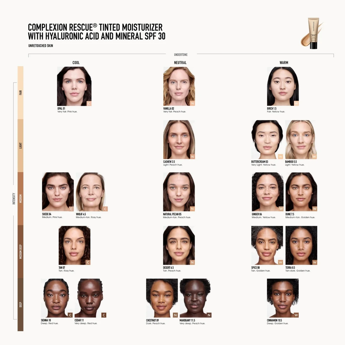 Complexion Rescue Tinted Moisturizer shade chart featuring multiple model faces showing different skin tones and a vertical color gradient on the left side, on a white background.