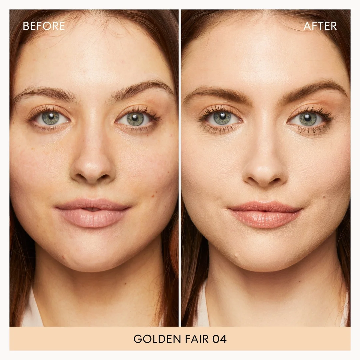 Before-and-after split screen showing a woman's face with natural skin on the left and makeup applied on the right, labeled 'BEFORE' and 'AFTER' with 'GOLDEN FAIR 04' at the bottom.