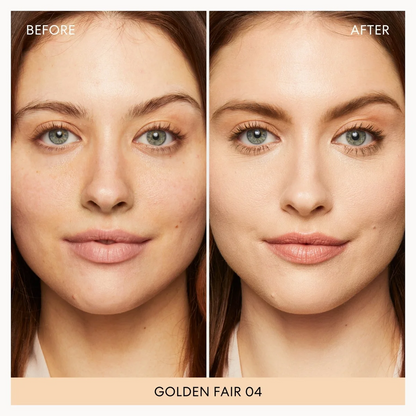 Before-and-after split screen showing a woman's face with natural skin on the left and makeup applied on the right, labeled 'BEFORE' and 'AFTER' with 'GOLDEN FAIR 04' at the bottom.