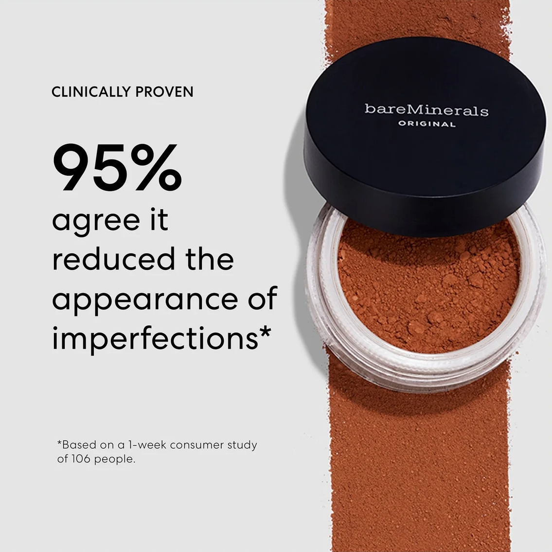 A cosmetic jar of bareMinerals Original powder with its black lid off, placed next to a vertical swatch of the warm brown powder. The left side features a light gray background with promotional text reading 'Clinically Proven 95% agree it reduced the appearance of imperfections'.