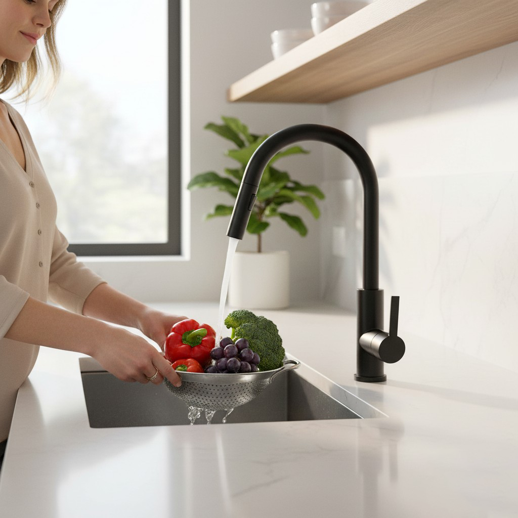 Black Designer Kitchen Tap Mizzo Trigo With Spray – Brush Function
