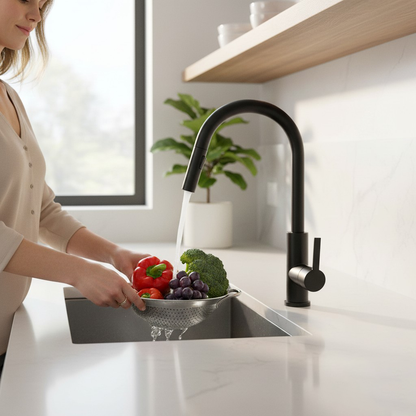 Black Designer Kitchen Tap Mizzo Trigo With Spray – Brush Function
