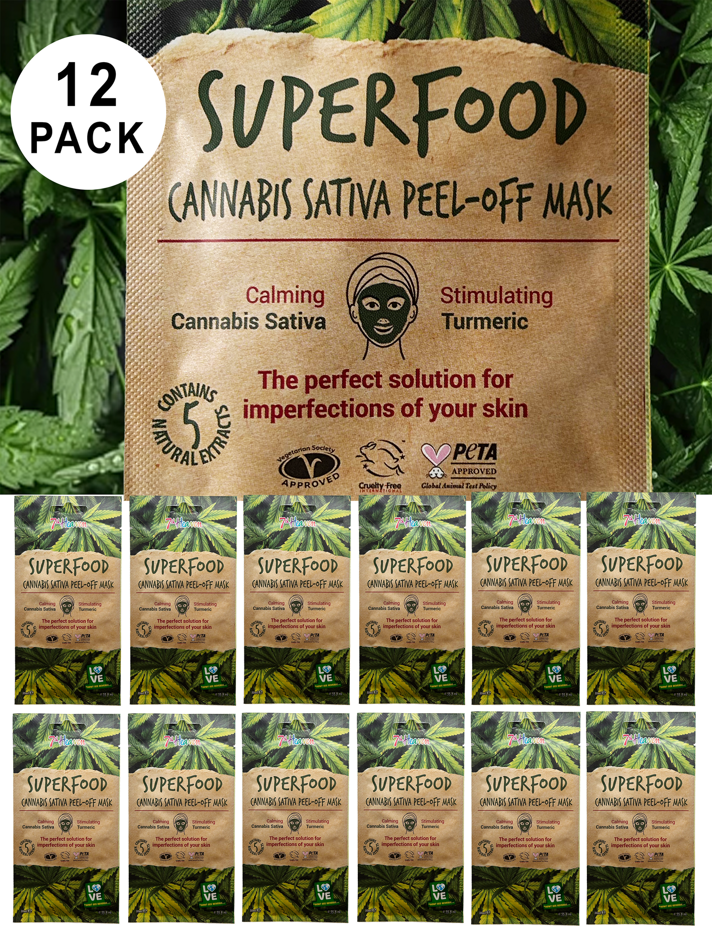 7th Heaven Superfood Cannabis Sativa Peel-Off Face Mask, Calming & Stimulating with Turmeric & Hemp Seed Oil for Deep Pore Cleansing - 12 Pack