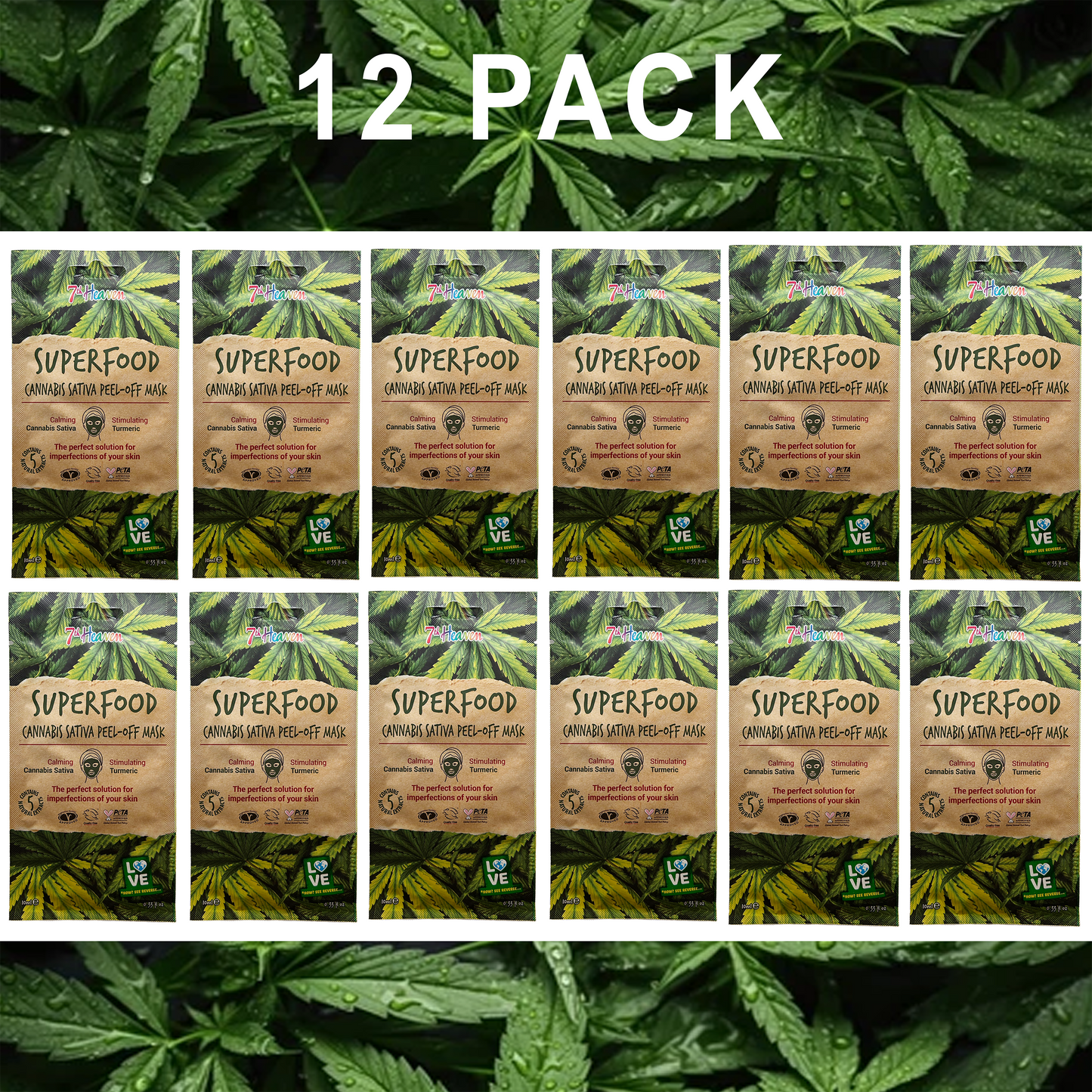 7th Heaven Superfood Cannabis Sativa Peel-Off Face Mask, Calming & Stimulating with Turmeric & Hemp Seed Oil for Deep Pore Cleansing - 12 Pack