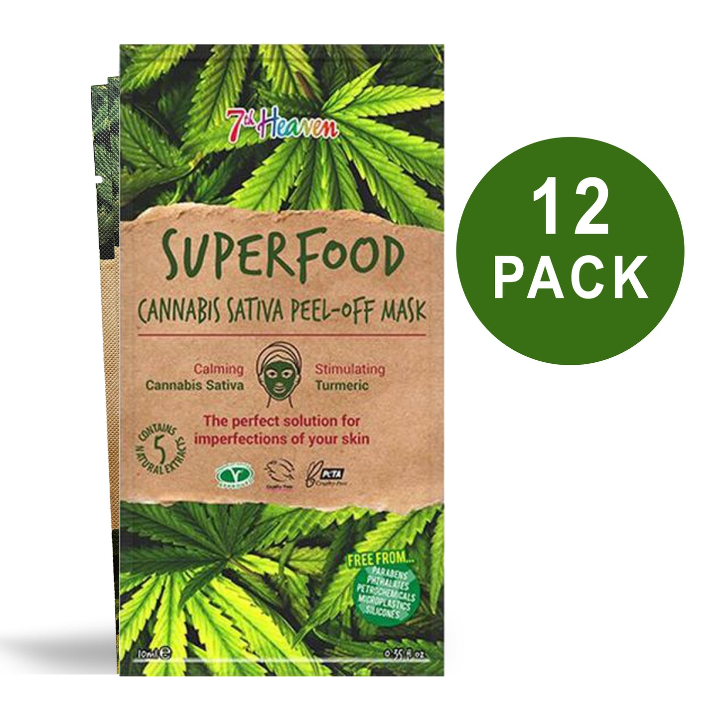 7th Heaven Superfood Cannabis Sativa Peel-Off Face Mask, Calming & Stimulating with Turmeric & Hemp Seed Oil for Deep Pore Cleansing - 12 Pack