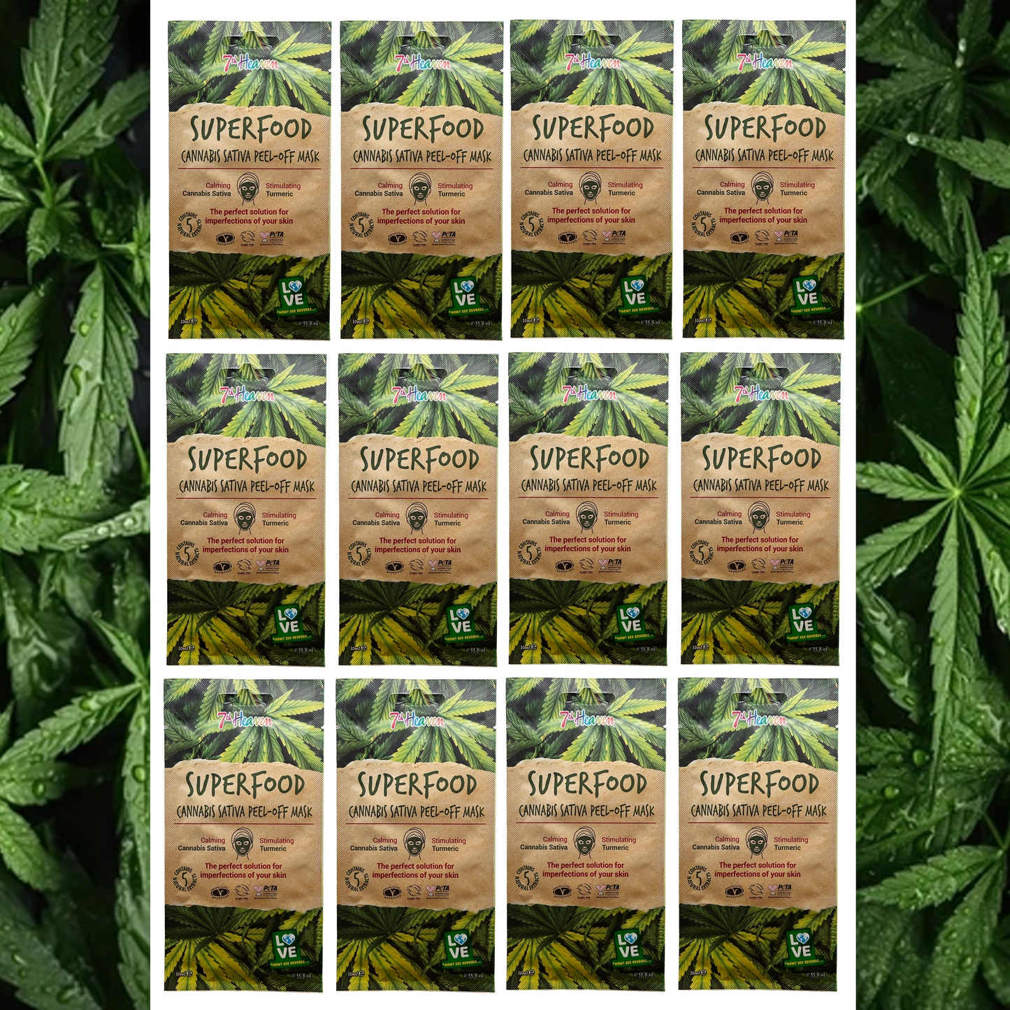 7th Heaven Superfood Cannabis Sativa Peel-Off Face Mask, Calming & Stimulating with Turmeric & Hemp Seed Oil for Deep Pore Cleansing - 12 Pack